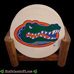 VINTAGE: 2 UF Gators Absorbent Stoneware Coasters & Wooden Stand (NCAA Licensed)
